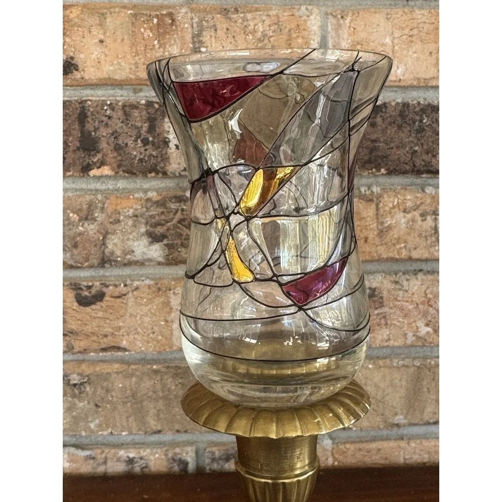 Vintage Stained Glass Votive Cups Pair Amber Red Art Glass Mid Century Style
